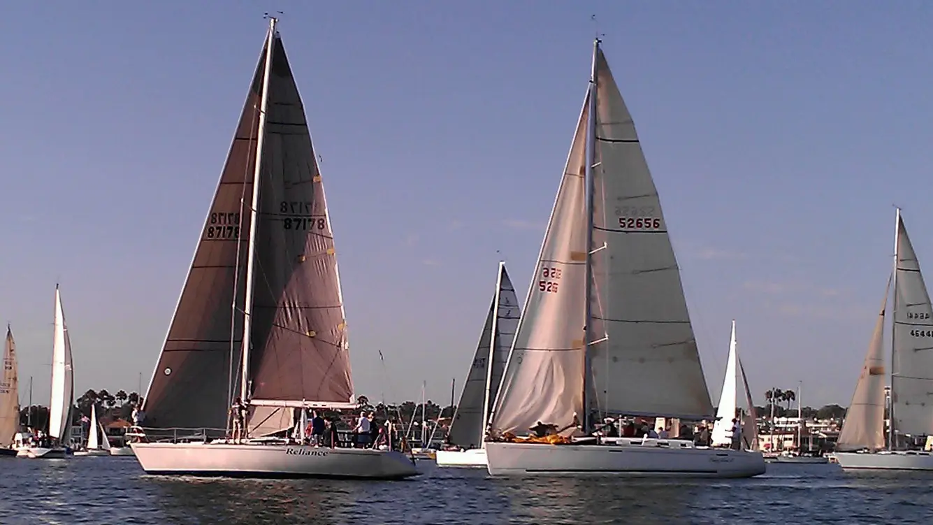 A keelboat sailing in a club race