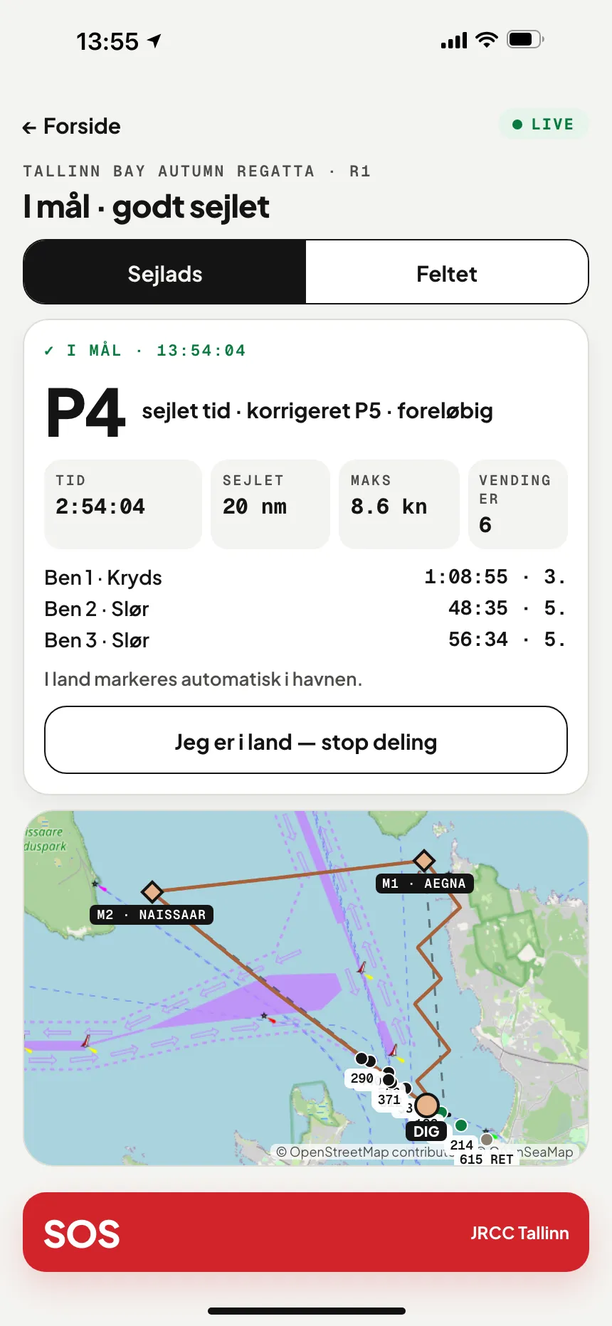 VesselSOS-appen efter målgang: placering, sejlet tid, sejlet distance og mellemtider for hvert ben