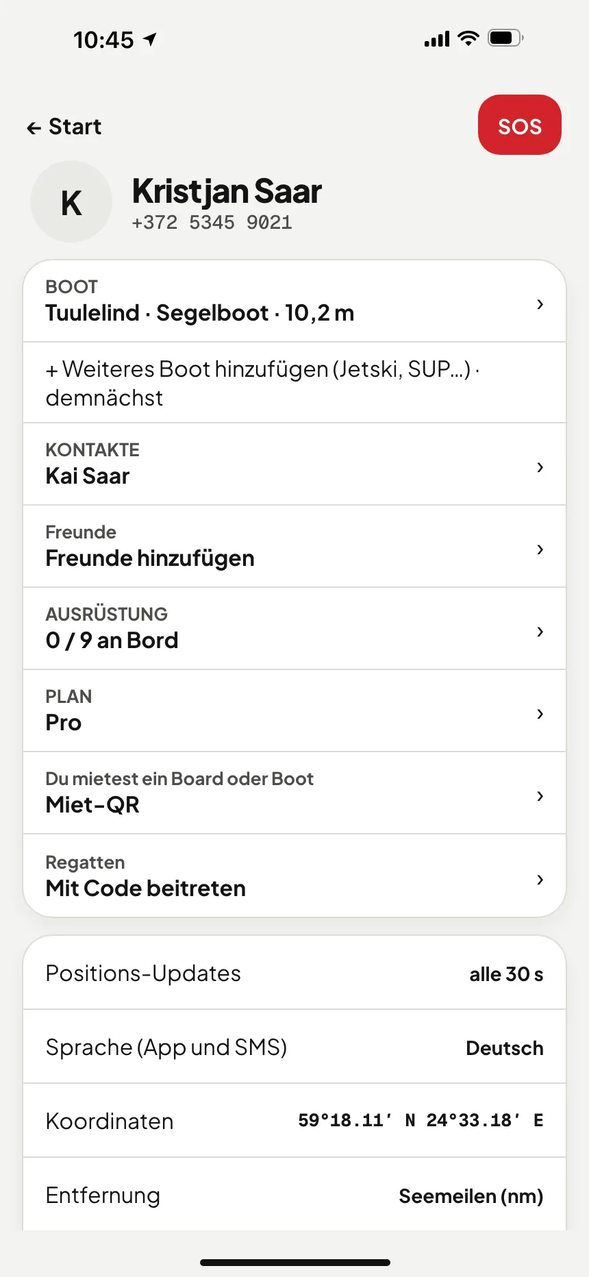 VesselSOS-App, Profil: Regatten – mit Code beitreten
