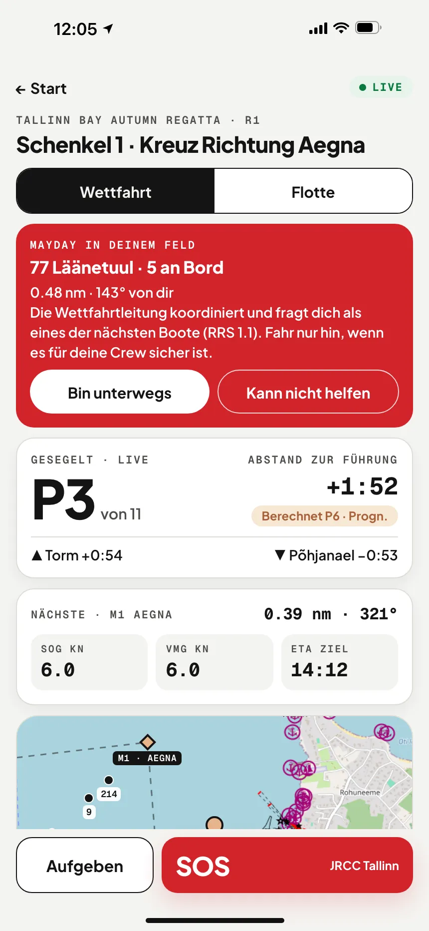 VesselSOS-App, auf der Bahn: ein MAYDAY im Feld – das Boot in Not, Entfernung und Peilung, Bin unterwegs / Kann nicht helfen