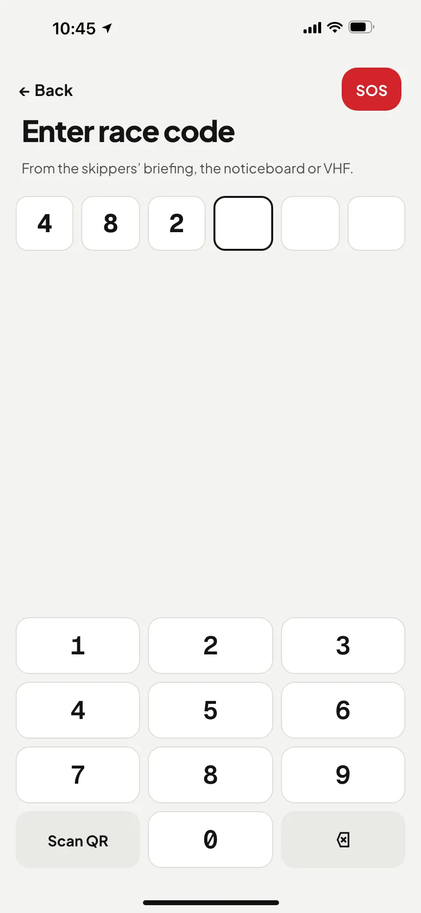 VesselSOS app: entering the 6-digit race code on the keypad