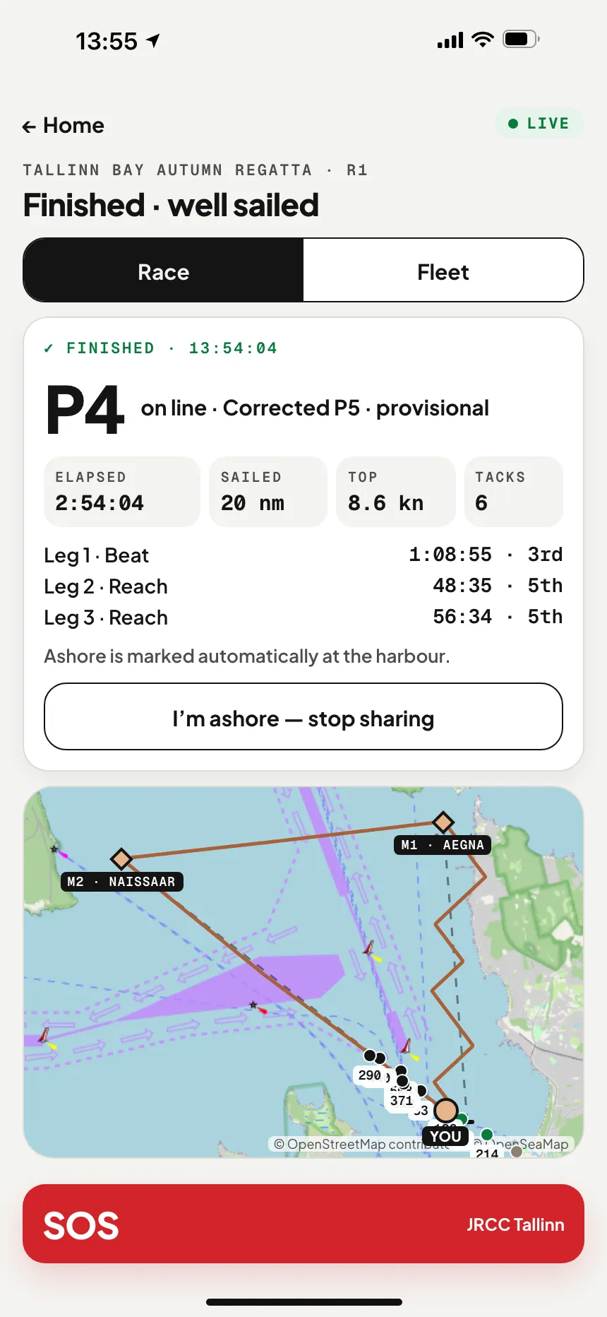 VesselSOS app after the finish: place, elapsed time, distance sailed and leg splits