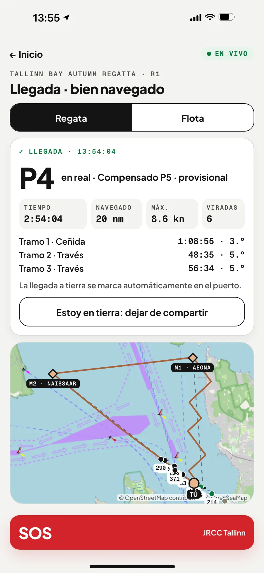 App VesselSOS tras la llegada: puesto, tiempo empleado, distancia navegada y parciales por tramo