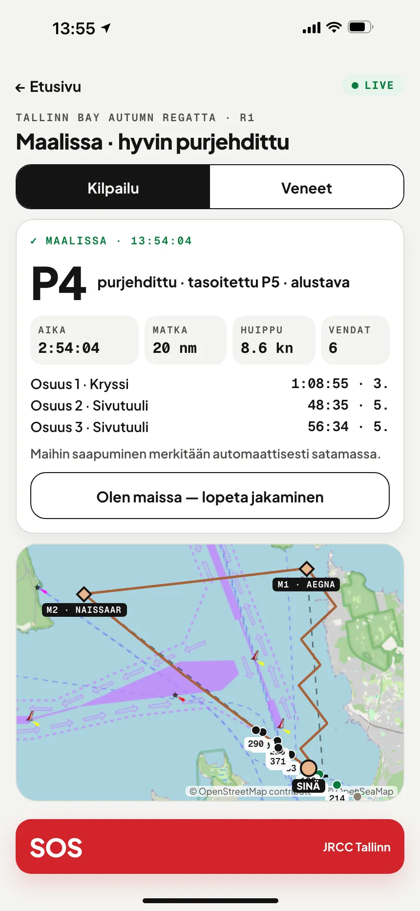 VesselSOS-sovellus maaliintulon jälkeen: sija, purjehdittu aika, purjehdittu matka ja osuusajat