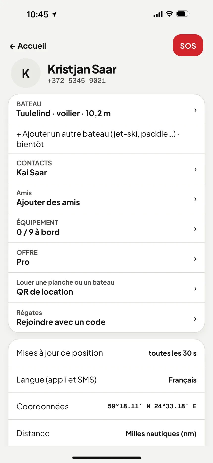 Appli VesselSOS, Profil : Régates – rejoindre avec un code