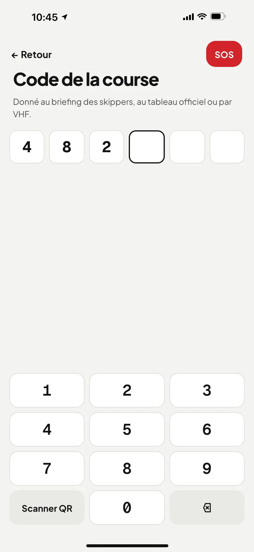 Appli VesselSOS : saisie du code de course à 6 chiffres sur le clavier