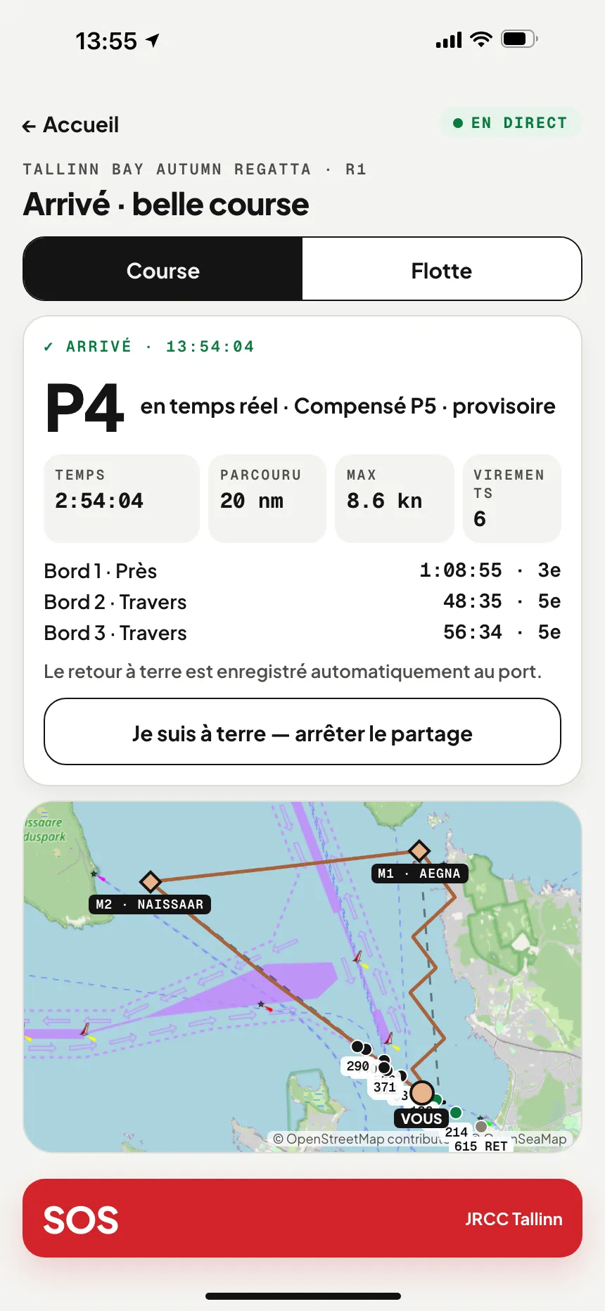 Appli VesselSOS après l’arrivée : place, temps de course, distance parcourue et temps intermédiaires par bord