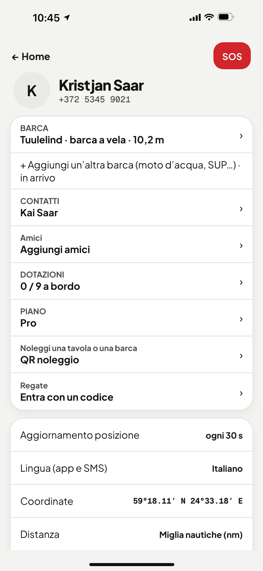 App VesselSOS, Profilo: Regate, entra con un codice