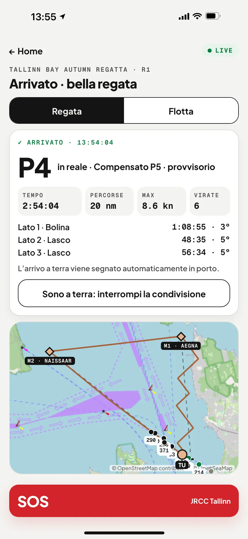 App VesselSOS dopo l’arrivo: posizione, tempo impiegato, miglia percorse e intertempi per lato
