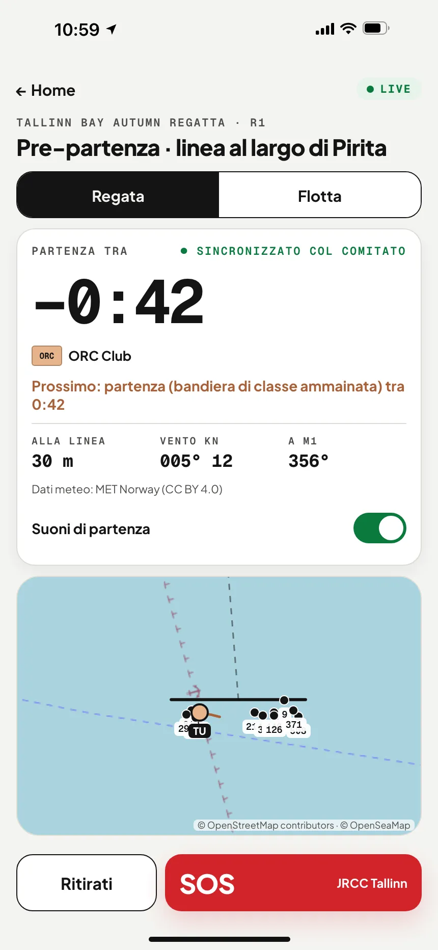 App VesselSOS, modalità regata prima della partenza: conto alla rovescia al segnale, bandiere esposte, distanza dalla linea