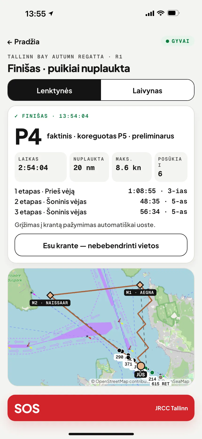 VesselSOS programėlė po finišo: vieta, lenktynių laikas, nuplauktas atstumas ir atkarpų tarpiniai laikai