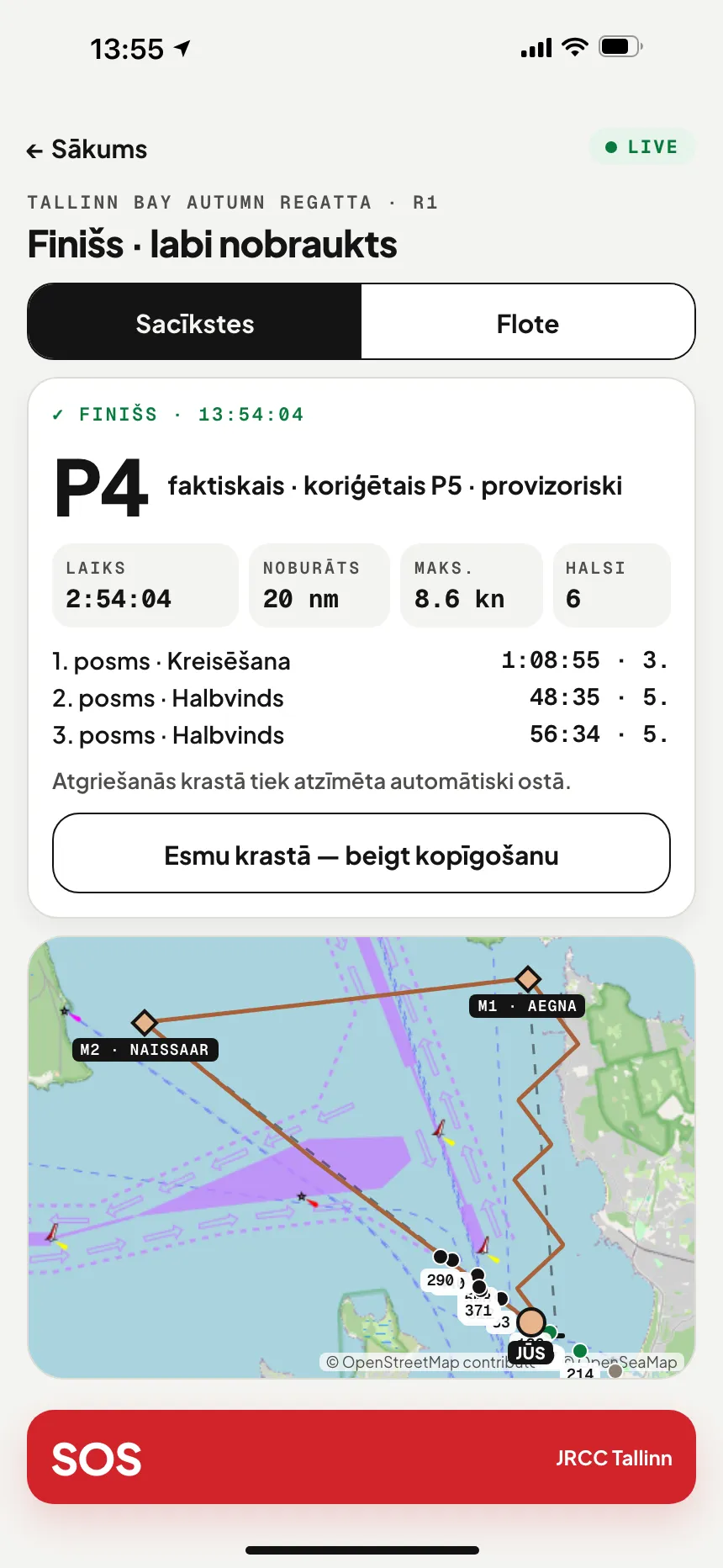 VesselSOS lietotne pēc finiša: vieta, sacensību laiks, noburātā distance un posmu starplaiki