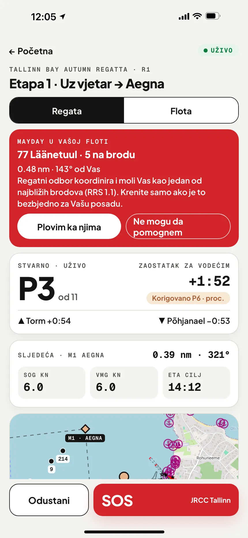 Aplikacija VesselSOS, regata u toku: MAYDAY u floti – plovilo u nevolji, udaljenost i smjer, Plovim ka njima / Ne mogu da pomognem
