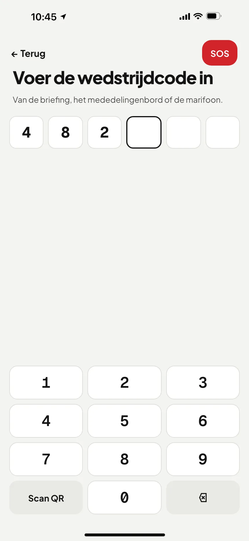 VesselSOS-app: de 6-cijferige wedstrijdcode invoeren op het toetsenblok