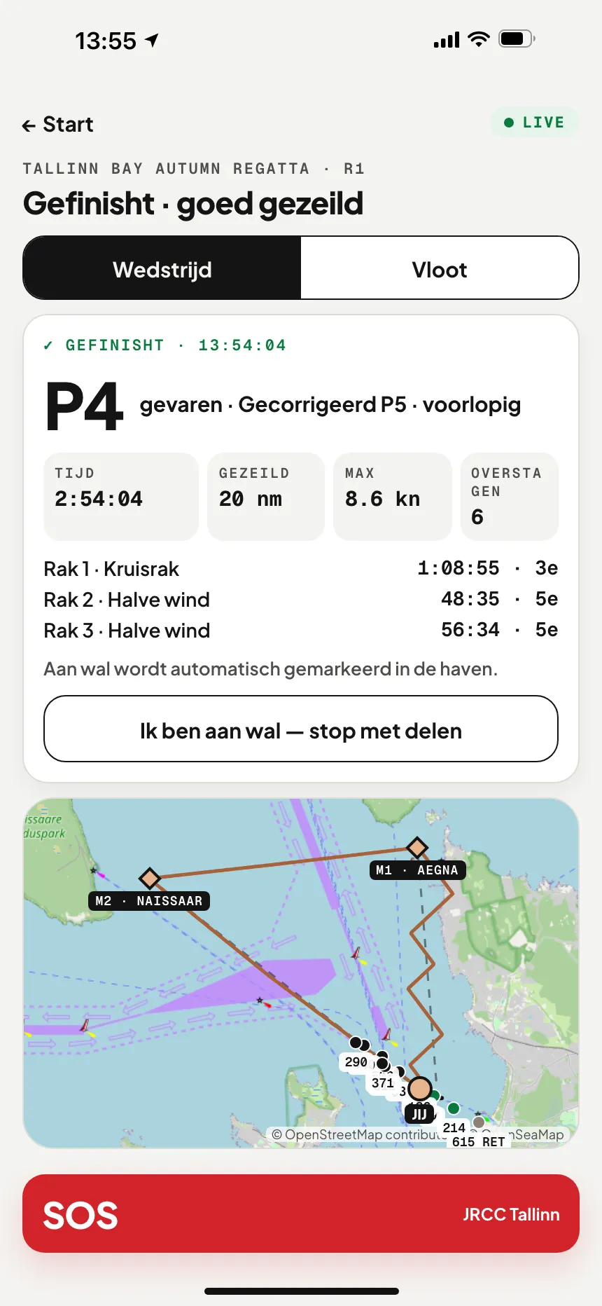 VesselSOS-app na de finish: positie, verstreken tijd, gezeilde afstand en tussentijden per rak