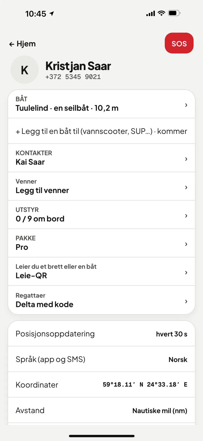 VesselSOS-appen, Profil: Regattaer – delta med kode