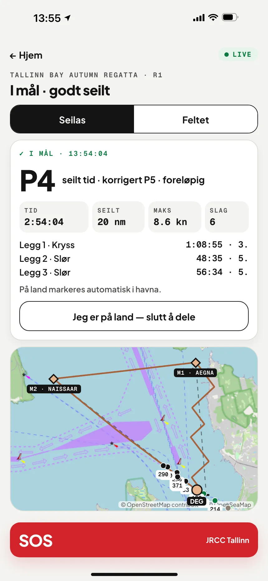 VesselSOS-appen etter målgang: plassering, seilt tid, seilt distanse og mellomtider per legg