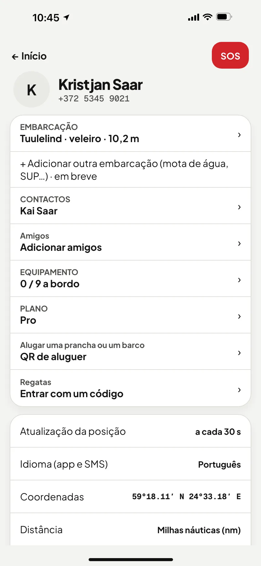 App VesselSOS, Perfil: Regatas — entrar com um código
