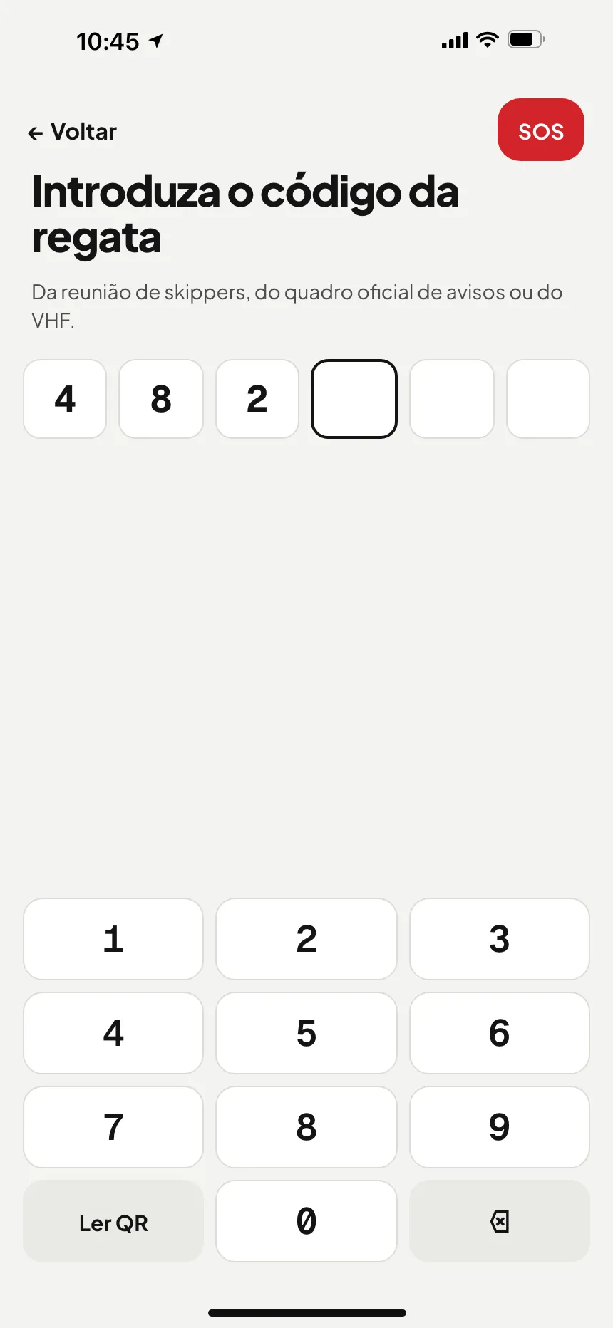 App VesselSOS: introdução do código de regata de 6 dígitos no teclado
