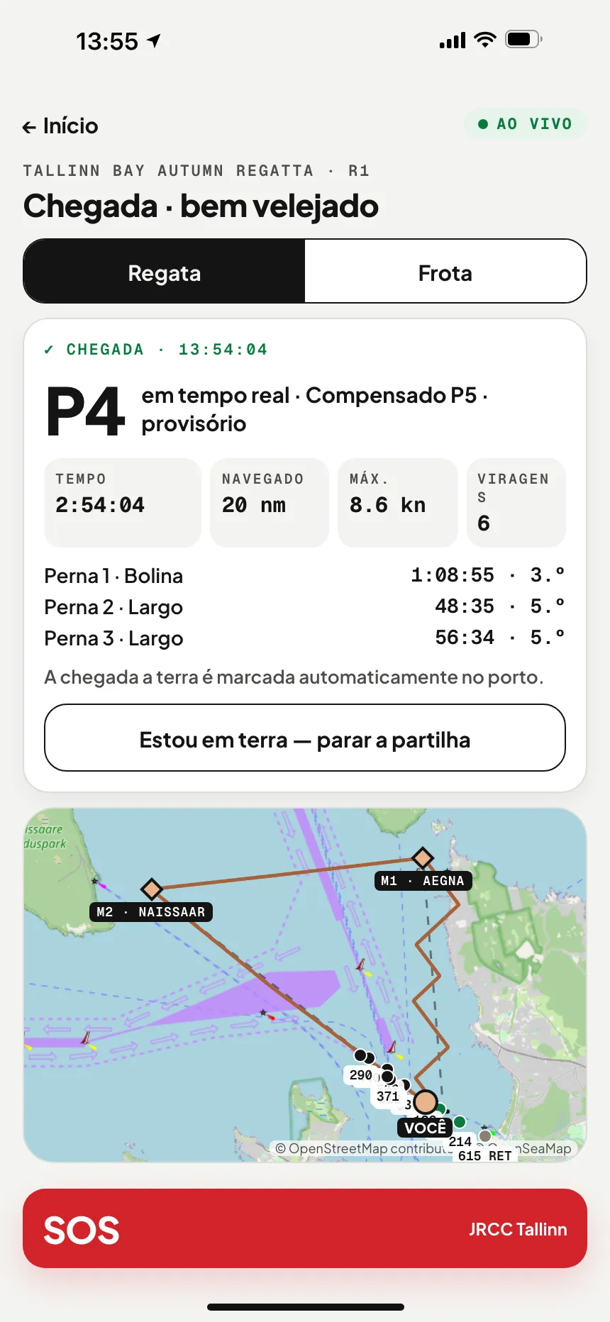 App VesselSOS depois da chegada: posição, tempo decorrido, distância navegada e parciais por perna