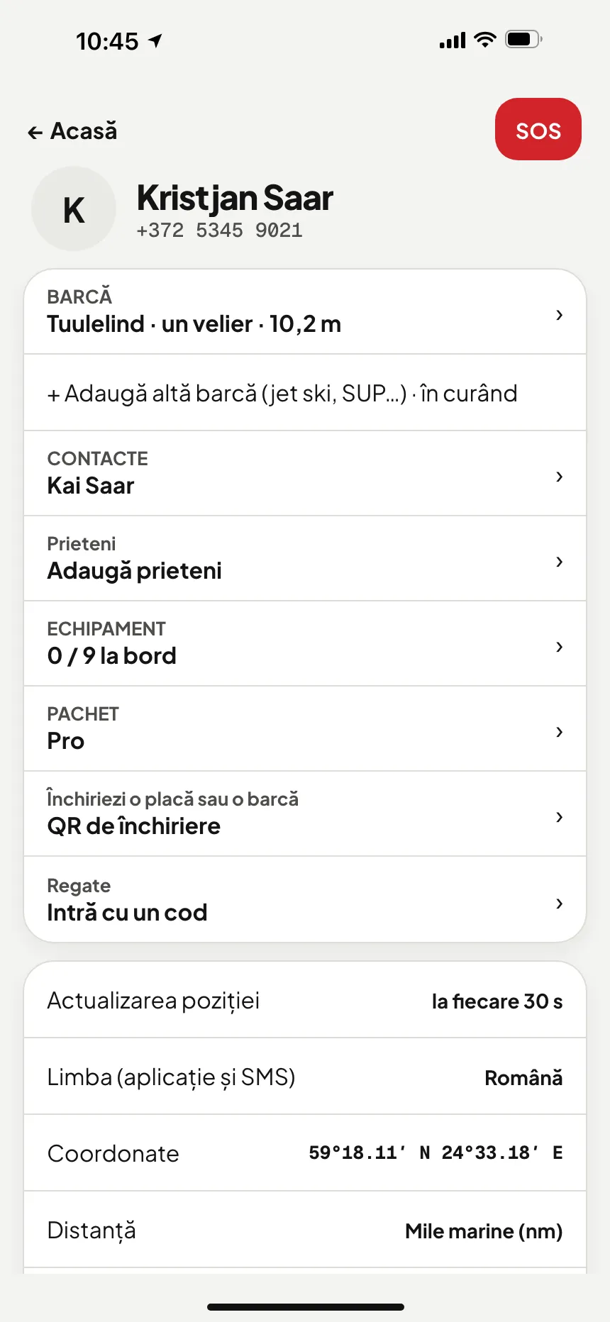 Aplicația VesselSOS, Profil: Regate — intră cu un cod