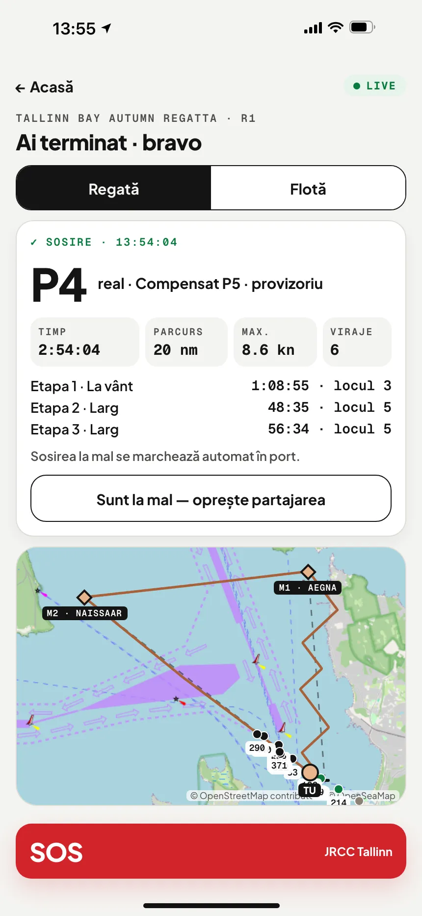 Aplicația VesselSOS după sosire: locul, timpul scurs, distanța parcursă și timpii pe etape