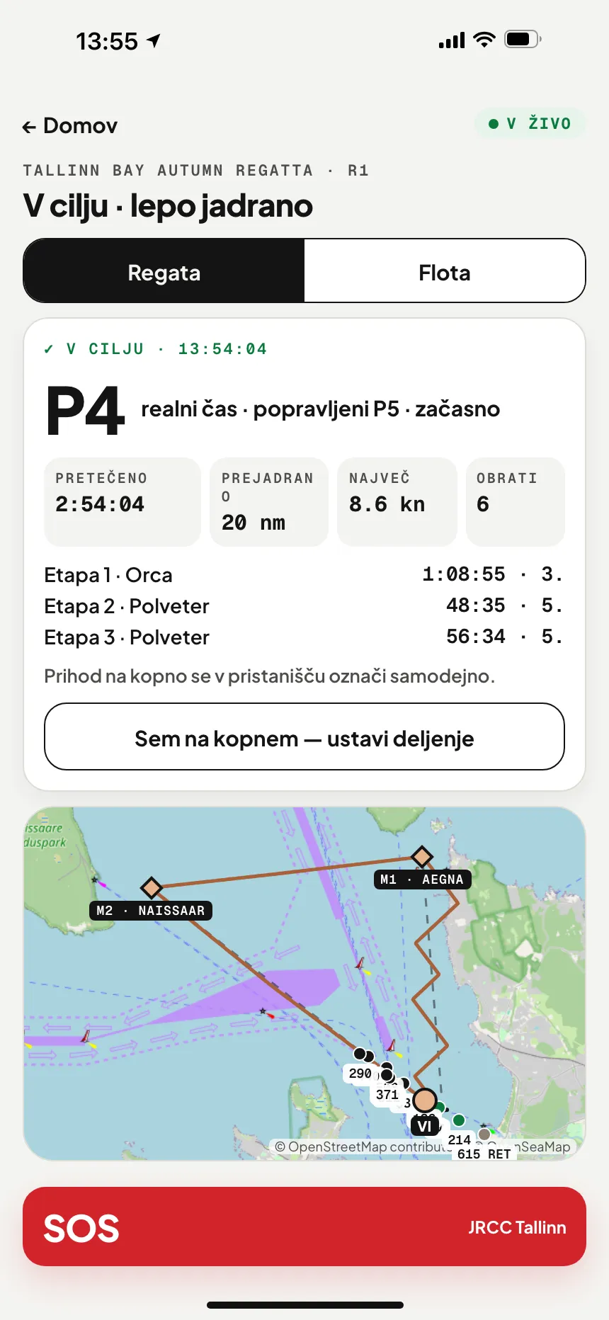 Aplikacija VesselSOS po prihodu v cilj: mesto, pretečeni čas, prejadrana razdalja in vmesni časi po etapah