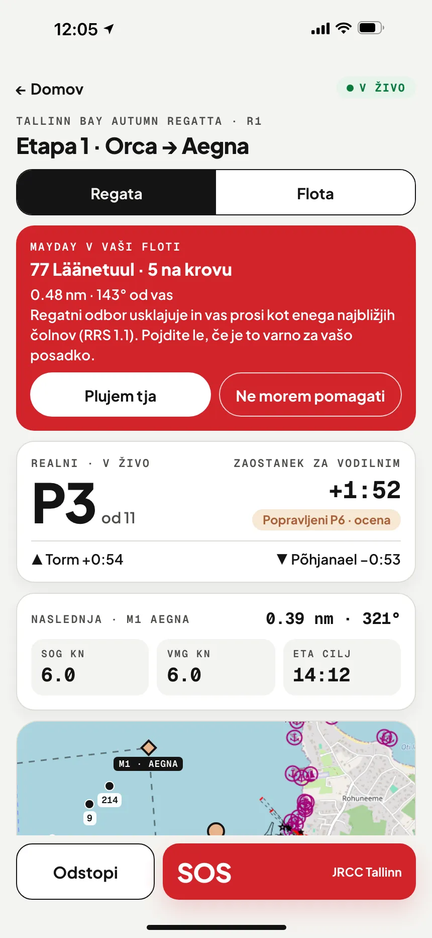 Aplikacija VesselSOS med regato: MAYDAY v floti – plovilo v stiski, razdalja in smer, Plujem tja / Ne morem pomagati
