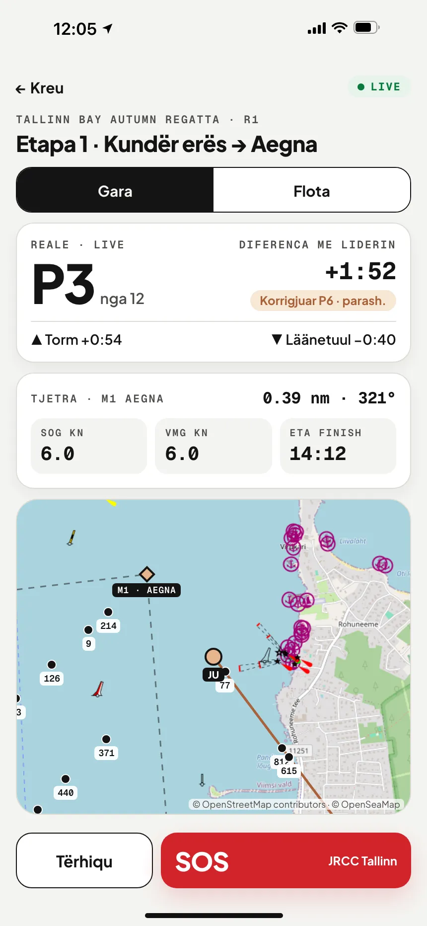Aplikacioni VesselSOS, gjatë garës: vendi në kohë reale dhe i korrigjuar, diferenca me liderin, shenja tjetër, shpejtësia dhe ETA