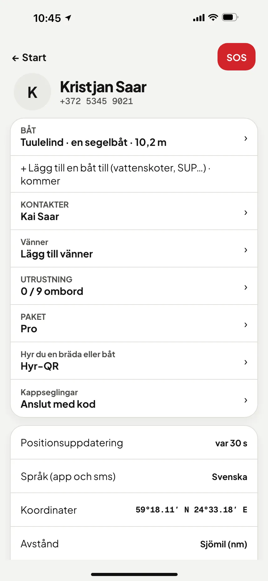 VesselSOS-appen, Profil: Kappseglingar – anslut med kod