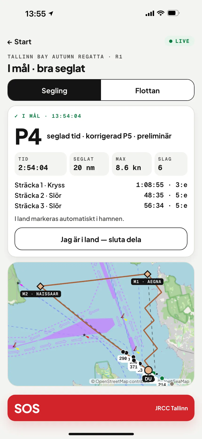 VesselSOS-appen efter målgång: placering, seglad tid, seglad distans och sträcktider per ben