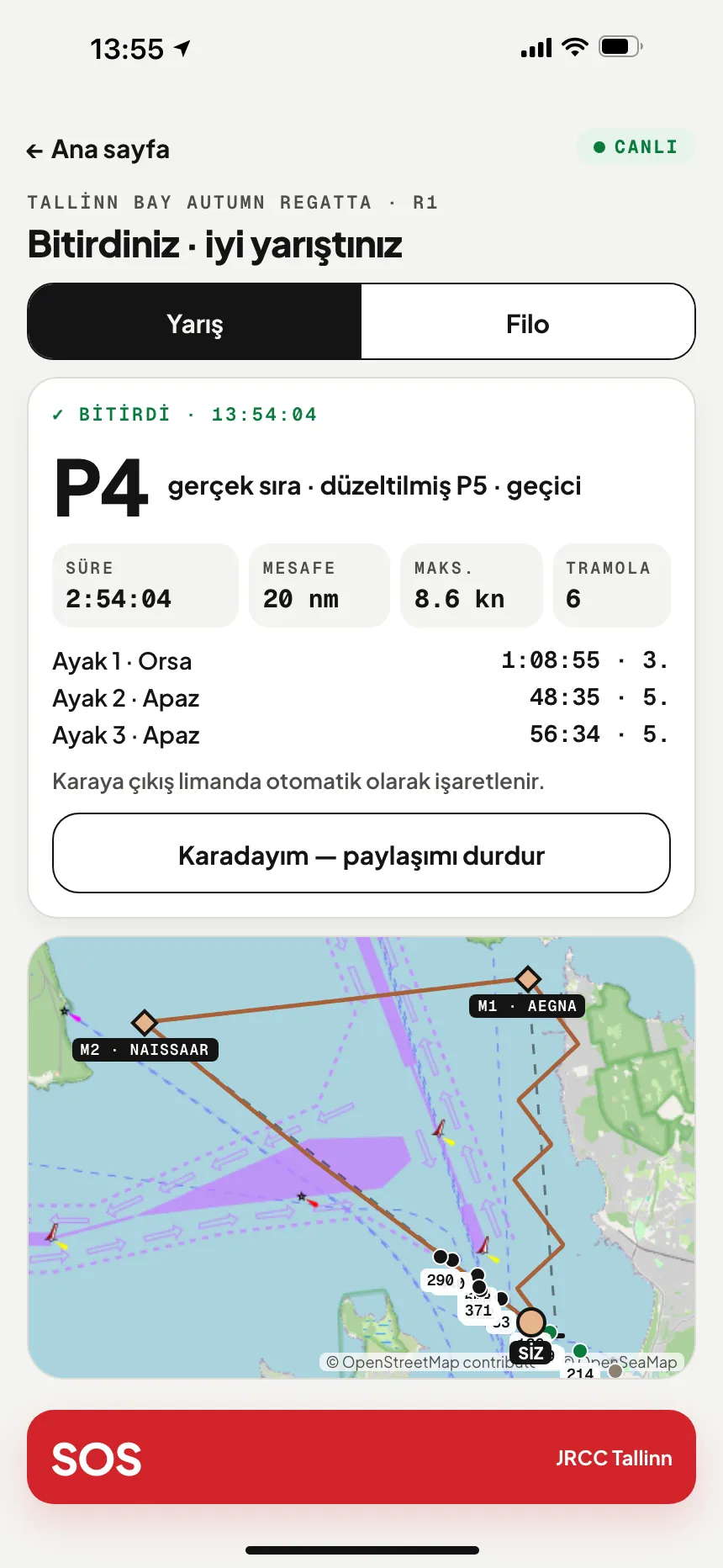 Finişten sonra VesselSOS uygulaması: sıra, geçen süre, katedilen mesafe ve ayak süreleri