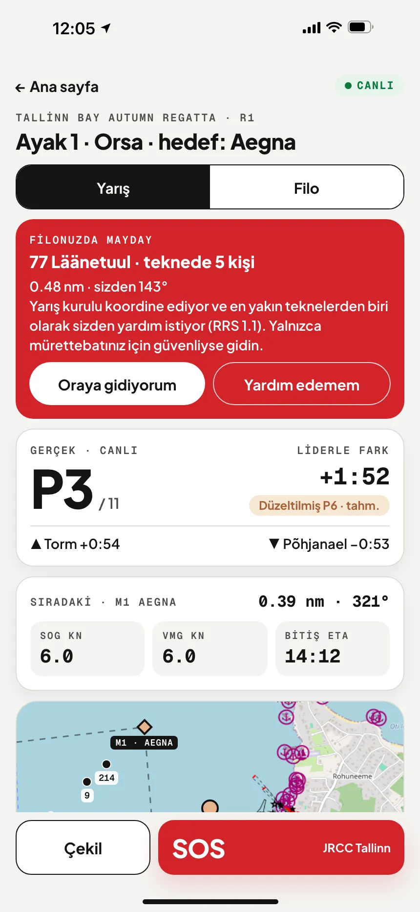 VesselSOS uygulaması, yarışta: filoda MAYDAY — tehlikedeki tekne, mesafesi ve kerterizi, Oraya gidiyorum / Yardım edemem